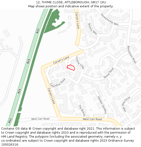 12, THYME CLOSE, ATTLEBOROUGH, NR17 1XU: Location map and indicative extent of plot