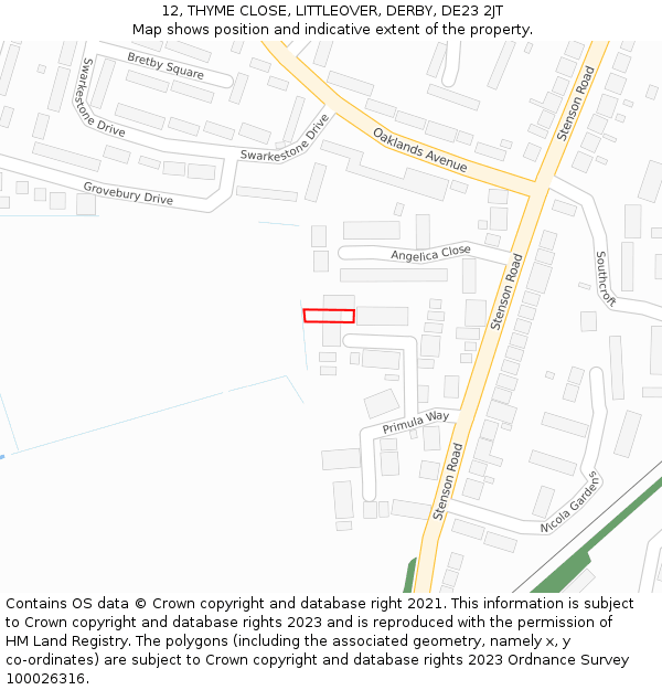12, THYME CLOSE, LITTLEOVER, DERBY, DE23 2JT: Location map and indicative extent of plot