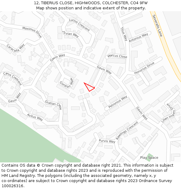 12, TIBERIUS CLOSE, HIGHWOODS, COLCHESTER, CO4 9FW: Location map and indicative extent of plot