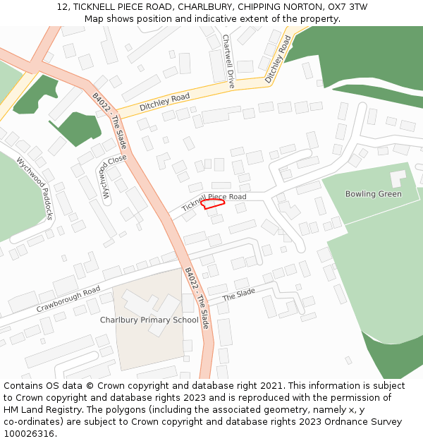 12, TICKNELL PIECE ROAD, CHARLBURY, CHIPPING NORTON, OX7 3TW: Location map and indicative extent of plot