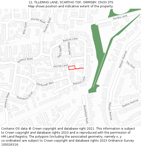 12, TILLERING LANE, SCARTHO TOP, GRIMSBY, DN33 3TS: Location map and indicative extent of plot