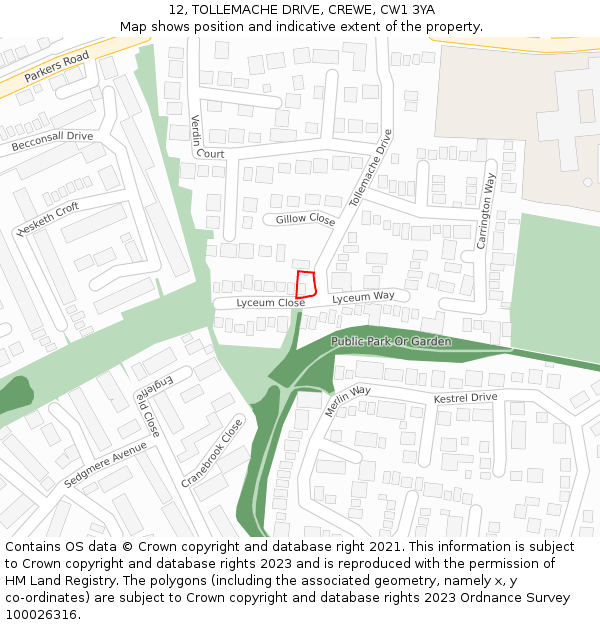 12, TOLLEMACHE DRIVE, CREWE, CW1 3YA: Location map and indicative extent of plot