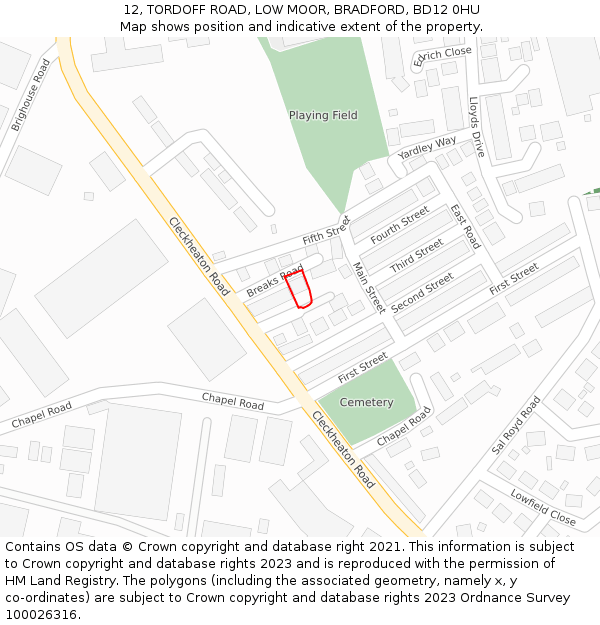 12, TORDOFF ROAD, LOW MOOR, BRADFORD, BD12 0HU: Location map and indicative extent of plot