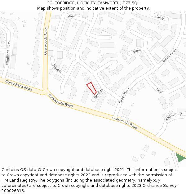 12, TORRIDGE, HOCKLEY, TAMWORTH, B77 5QL: Location map and indicative extent of plot