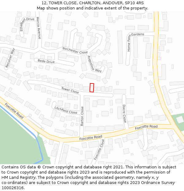 12, TOWER CLOSE, CHARLTON, ANDOVER, SP10 4RS: Location map and indicative extent of plot