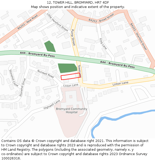 12, TOWER HILL, BROMYARD, HR7 4DF: Location map and indicative extent of plot