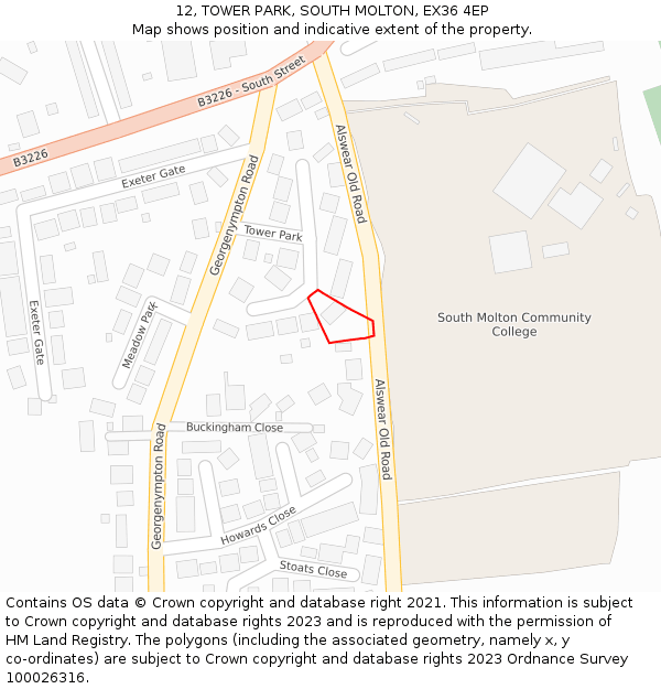 12, TOWER PARK, SOUTH MOLTON, EX36 4EP: Location map and indicative extent of plot