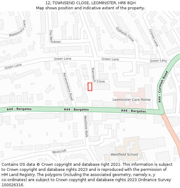 12, TOWNSEND CLOSE, LEOMINSTER, HR6 8QH: Location map and indicative extent of plot