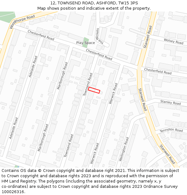 12, TOWNSEND ROAD, ASHFORD, TW15 3PS: Location map and indicative extent of plot