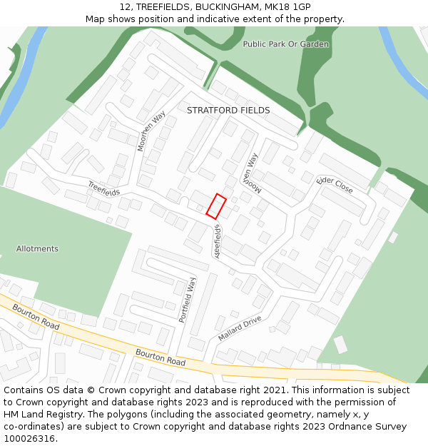 12, TREEFIELDS, BUCKINGHAM, MK18 1GP: Location map and indicative extent of plot