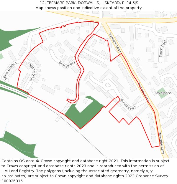 12, TREMABE PARK, DOBWALLS, LISKEARD, PL14 6JS: Location map and indicative extent of plot