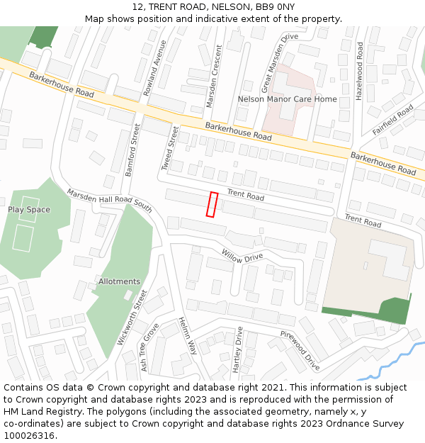 12, TRENT ROAD, NELSON, BB9 0NY: Location map and indicative extent of plot