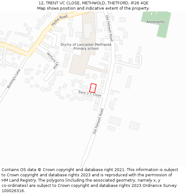 12, TRENT VC CLOSE, METHWOLD, THETFORD, IP26 4QE: Location map and indicative extent of plot