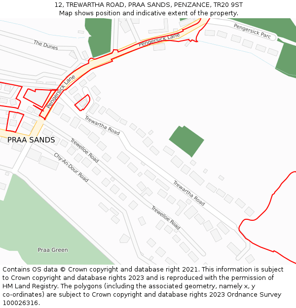12, TREWARTHA ROAD, PRAA SANDS, PENZANCE, TR20 9ST: Location map and indicative extent of plot