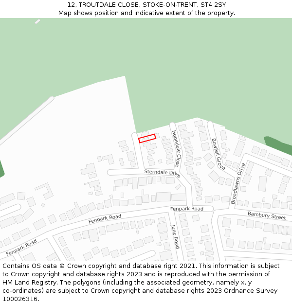 12, TROUTDALE CLOSE, STOKE-ON-TRENT, ST4 2SY: Location map and indicative extent of plot