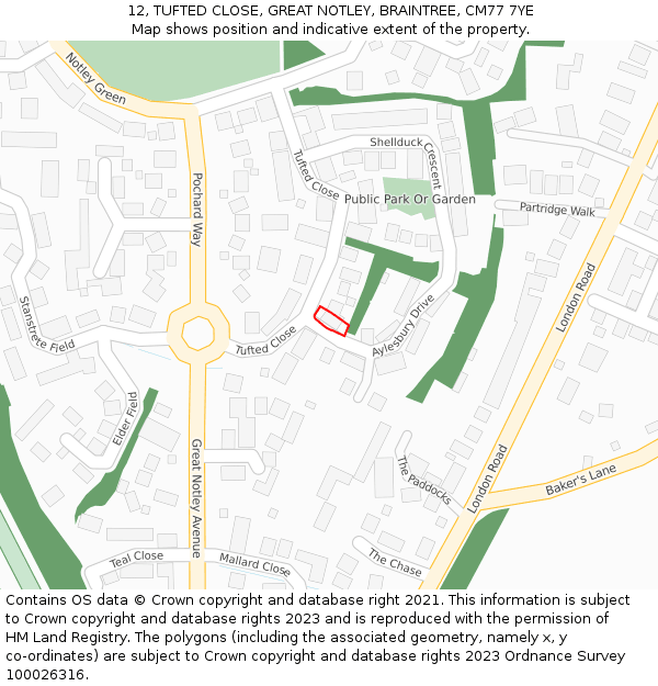 12, TUFTED CLOSE, GREAT NOTLEY, BRAINTREE, CM77 7YE: Location map and indicative extent of plot