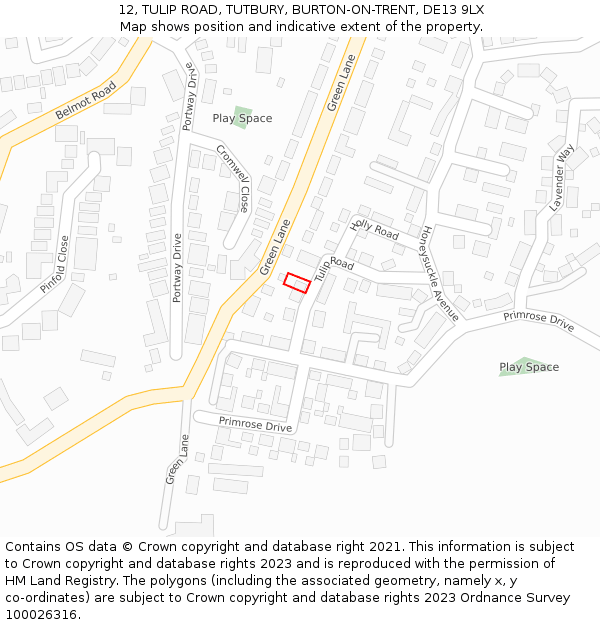 12, TULIP ROAD, TUTBURY, BURTON-ON-TRENT, DE13 9LX: Location map and indicative extent of plot