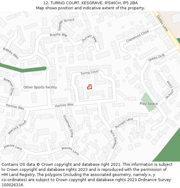 12, TURING COURT, KESGRAVE, IPSWICH, IP5 2BA: Location map and indicative extent of plot