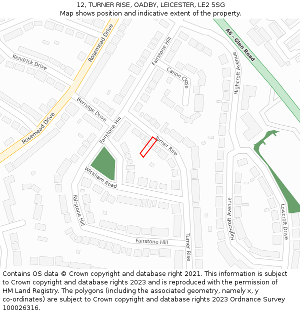 12, TURNER RISE, OADBY, LEICESTER, LE2 5SG: Location map and indicative extent of plot