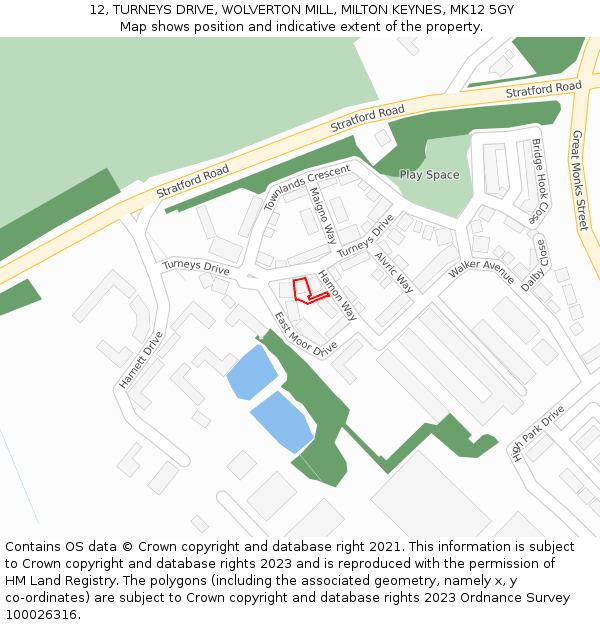 12, TURNEYS DRIVE, WOLVERTON MILL, MILTON KEYNES, MK12 5GY: Location map and indicative extent of plot