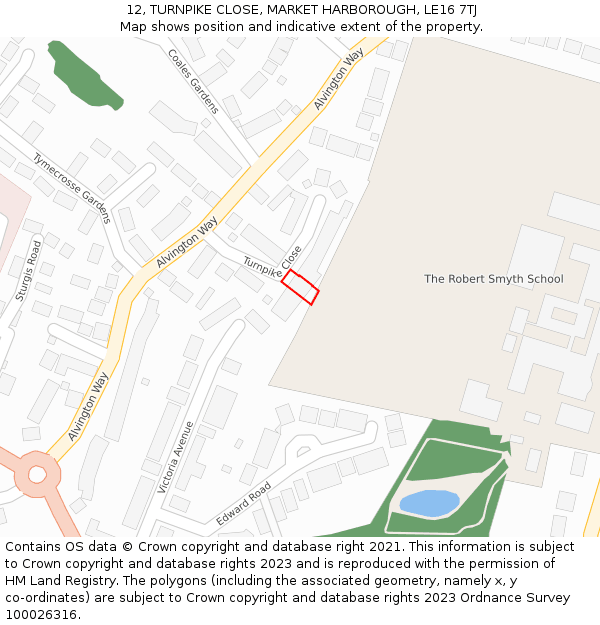 12, TURNPIKE CLOSE, MARKET HARBOROUGH, LE16 7TJ: Location map and indicative extent of plot