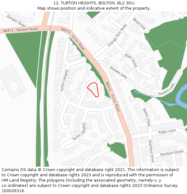 12, TURTON HEIGHTS, BOLTON, BL2 3DU: Location map and indicative extent of plot