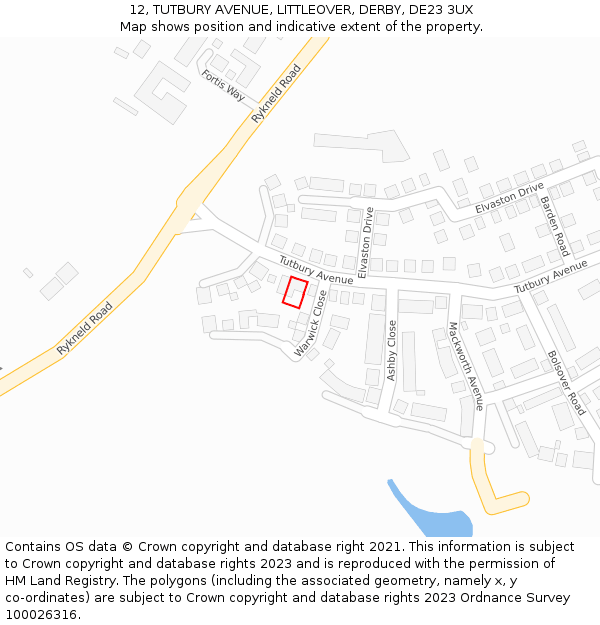 12, TUTBURY AVENUE, LITTLEOVER, DERBY, DE23 3UX: Location map and indicative extent of plot