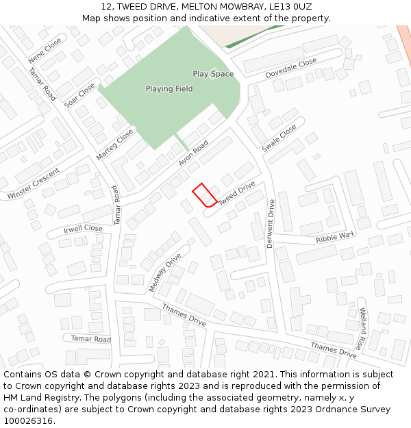 12, TWEED DRIVE, MELTON MOWBRAY, LE13 0UZ: Location map and indicative extent of plot