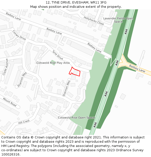 12, TYNE DRIVE, EVESHAM, WR11 3FG: Location map and indicative extent of plot