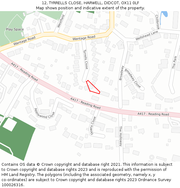 12, TYRRELLS CLOSE, HARWELL, DIDCOT, OX11 0LF: Location map and indicative extent of plot