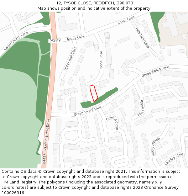 12, TYSOE CLOSE, REDDITCH, B98 0TB: Location map and indicative extent of plot