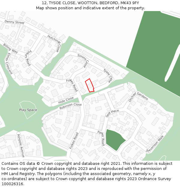 12, TYSOE CLOSE, WOOTTON, BEDFORD, MK43 9FY: Location map and indicative extent of plot