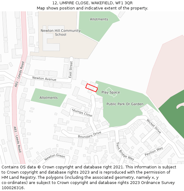 12, UMPIRE CLOSE, WAKEFIELD, WF1 3QR: Location map and indicative extent of plot