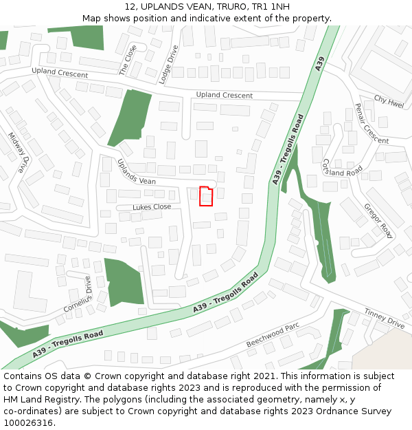 12, UPLANDS VEAN, TRURO, TR1 1NH: Location map and indicative extent of plot
