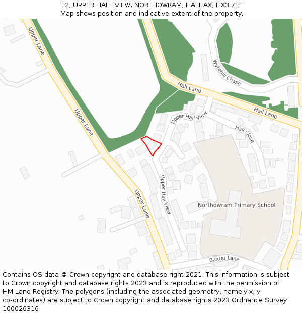 12, UPPER HALL VIEW, NORTHOWRAM, HALIFAX, HX3 7ET: Location map and indicative extent of plot