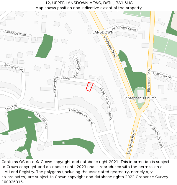 12, UPPER LANSDOWN MEWS, BATH, BA1 5HG: Location map and indicative extent of plot