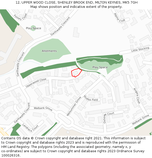 12, UPPER WOOD CLOSE, SHENLEY BROOK END, MILTON KEYNES, MK5 7GH: Location map and indicative extent of plot