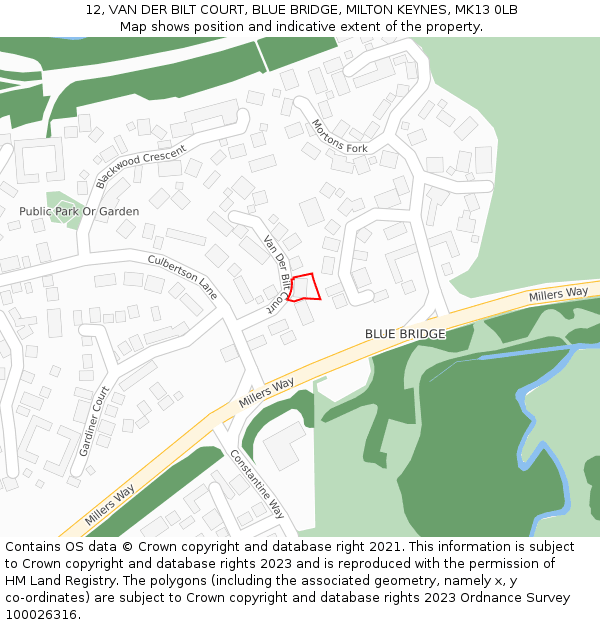 12, VAN DER BILT COURT, BLUE BRIDGE, MILTON KEYNES, MK13 0LB: Location map and indicative extent of plot