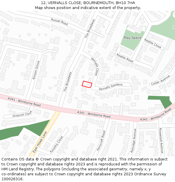 12, VERNALLS CLOSE, BOURNEMOUTH, BH10 7HA: Location map and indicative extent of plot