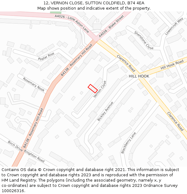 12, VERNON CLOSE, SUTTON COLDFIELD, B74 4EA: Location map and indicative extent of plot
