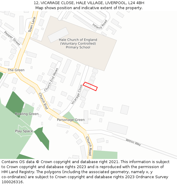 12, VICARAGE CLOSE, HALE VILLAGE, LIVERPOOL, L24 4BH: Location map and indicative extent of plot