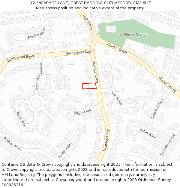 12, VICARAGE LANE, GREAT BADDOW, CHELMSFORD, CM2 8HZ: Location map and indicative extent of plot