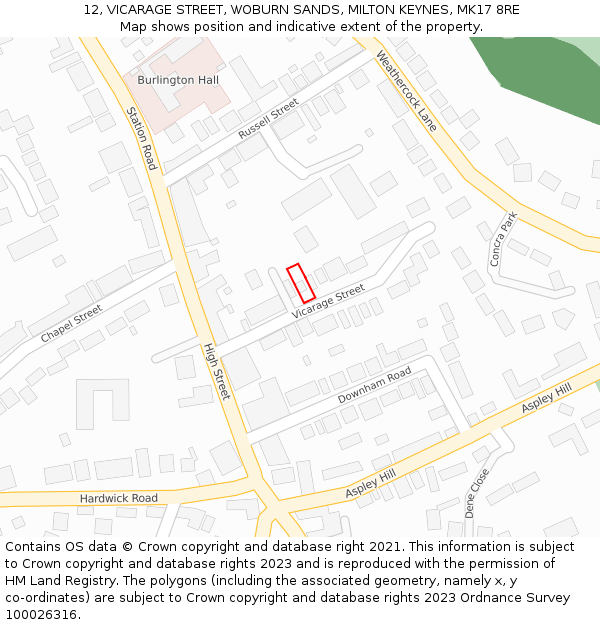 12, VICARAGE STREET, WOBURN SANDS, MILTON KEYNES, MK17 8RE: Location map and indicative extent of plot