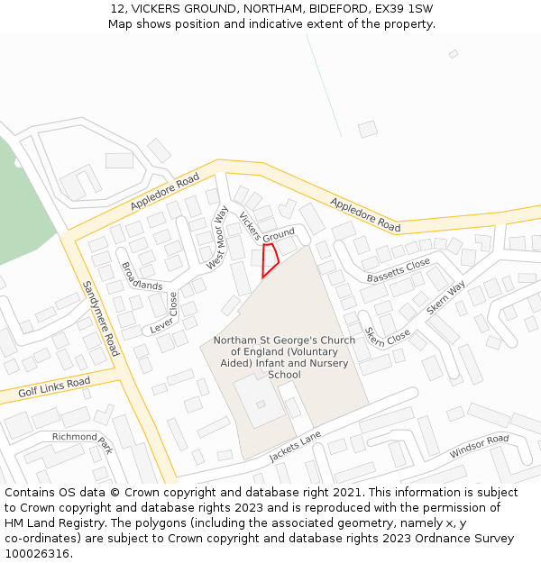 12, VICKERS GROUND, NORTHAM, BIDEFORD, EX39 1SW: Location map and indicative extent of plot