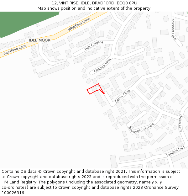 12, VINT RISE, IDLE, BRADFORD, BD10 8PU: Location map and indicative extent of plot