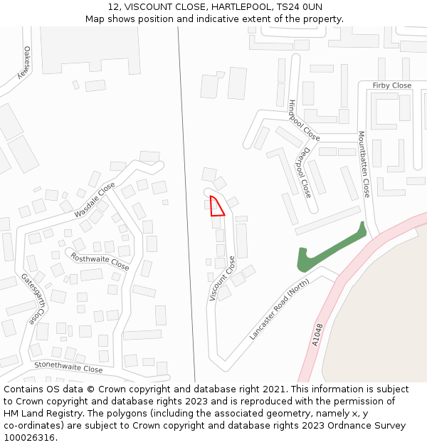 12, VISCOUNT CLOSE, HARTLEPOOL, TS24 0UN: Location map and indicative extent of plot