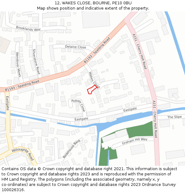 12, WAKES CLOSE, BOURNE, PE10 0BU: Location map and indicative extent of plot