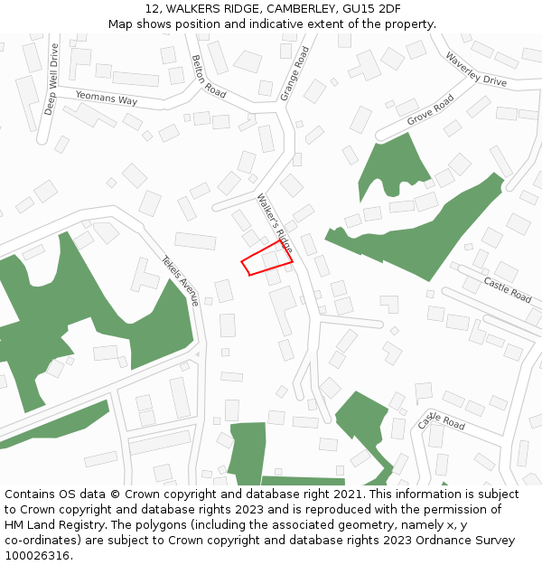 12, WALKERS RIDGE, CAMBERLEY, GU15 2DF: Location map and indicative extent of plot