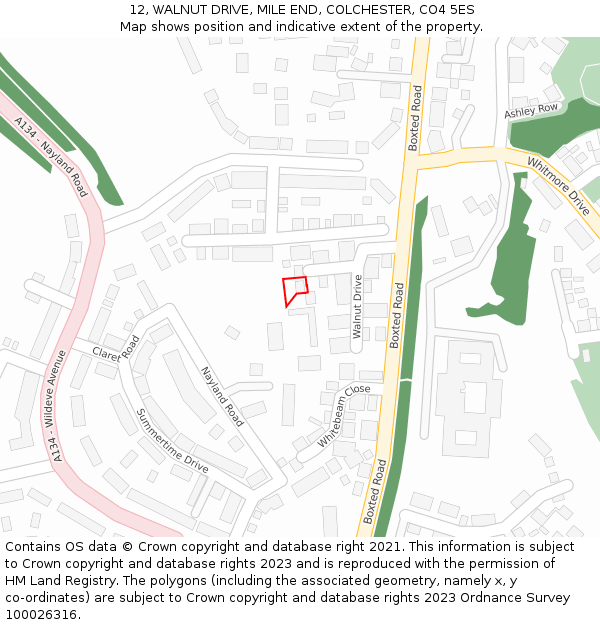 12, WALNUT DRIVE, MILE END, COLCHESTER, CO4 5ES: Location map and indicative extent of plot