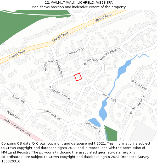 12, WALNUT WALK, LICHFIELD, WS13 8FA: Location map and indicative extent of plot